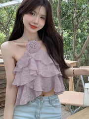 Lunivop 3D Floral Sweet Halter Tanks Women Elegant Fashion Sexy Cropped Camis Tanks Summer Chic Female Backless All Match Top Tanks