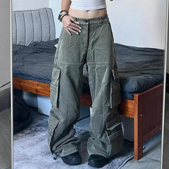 Lunivop Green Winter Women Jeans Hip-hop Style Fashion Vintage Streetwear Y2K Wide Leg Work Jean 2024 Female Trouser Baggy Denim Pants