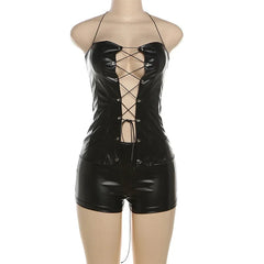 Lunivop PU Leather 2 Piece Set Women Black Grommet Lace Up Strapless Halter Backless Tank Tops + Shorts Y2K Clubwear Suits Hottie Outfit