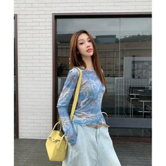 Lunivop Vintage Tie Dye Printed O-neck Slim Fit Tee Shirt Y2k Thin Mesh Long Sleeved T-shirts Summer New Chic Top for Women
