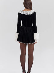 Lunivop Patchwork Sexy Square Collar Lace Women Dress Black Flare Sleeve French Dress Female Winter Slim Elegant Party Clubwear