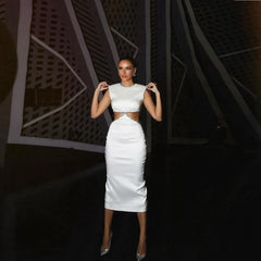 Lunivop White Sequins O-neck Satin Dress Tea-Length Woman Clothes Mini Party Dress Sexy Bodycon Celebrity Elegant Evening Party Dress