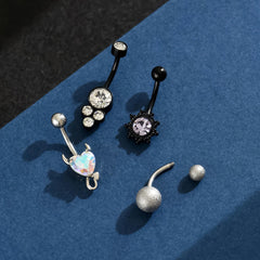 Lunivop 4 Pcs Black Sunflower Heart-Shaped Zircon Frosted Ball Navel Belly Button Ring, Stainless Steel Demon Bull Head Belly Piercing R