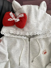 Lunivop Kawaii Print Bow Hoodies Women Sweet Lace Patchwork Long Sleeve Cute Sweatshirts Japan Loose Pockets Letter Female Zipper Tops