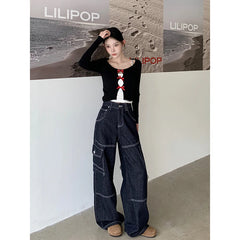 Lunivop Women's Jeans Dark Blue High Waist Loose Drape Feeling Street Baggy Wide Leg Pants Hip Hop Vintage Straight Y2K Autumn Trousers