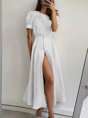 Lunivop Summer New Solid Color Slim Fit High Waisted Cardigan Single-Breasted Midi Dresses Short Sleeve A-Line Party Dresses