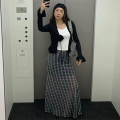 Lunivop Vintage Plaid Skirt Women Korean Style Y2k Mesh Long Skirts Elegant Sweet Harajuku Retro Fashion Skirts Streetwear