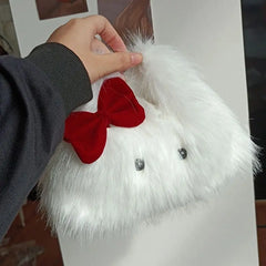 Lunivop Plush Cute White Y2k Messenger Bag Women New Harajuku Aesthetic Fur Soft Bow Chic Mini Bags Ladies Casual Crossbody Bags