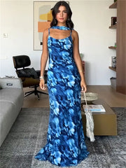 Lunivop Mesh Lace-Up Printed Maxi Dress For Women Scarf Backless Fashion Contrast Slim Party Dress Spaghetti Summer Y2k Dress New