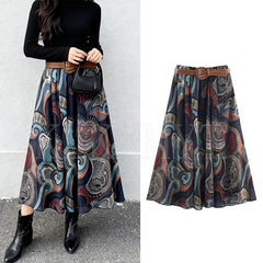Lunivop Chic Elegant Pleated Long Skirts For Women Fashion New With Belt Vintage Printed Midi Skirt Street Casual Holiday Skirts