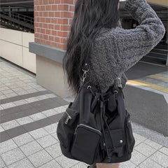 Lunivop Korean Drawstring Black Tote Bag Women Multifunctional Large Capacity Y2k Mochilas Mujer Ladies Commuter Hot Girl Shoulder Bags