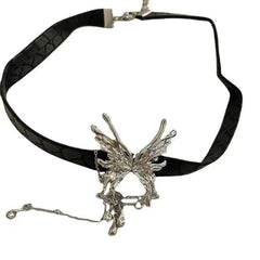 Lunivop Y2K Goth Fashionable Silver Color Metal Butterfly PU Choker Sexy Black Necklace For Women Lady Neck Jewelry 2000s Accessories