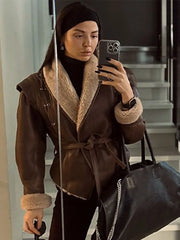 Lunivop Lace up Leather Turn-down Collar Jackets Women Vintage Suede Thickened Long Sleeved Coats Female Winter Warm Short Streetwear