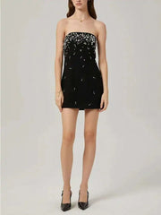Lunivop Mini Dress For Women Strapless Splicing Beading Dress For 2025 Women's Black Elegant Fashion New Style Spring