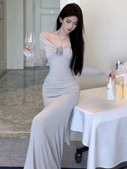 Lunivop Sexy Women's Shoulder Evening Party Dresses Elegant Long Sleeve Bodycon Lady Solid Maxi Dress French Floral Vestidos Robe