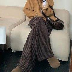 Lunivop High Waist Fashion All Match Tweed Pants Women 2025 Spring New Streetwear Contrast Color Plaid Casual Wide Leg Pants
