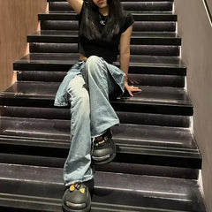 Lunivop Fake Two Pieces Distressed Loose Casual Jeans Women 2024 Autumn New Streetwear Fashion All Match Washed Denim Wide Leg Pants