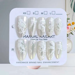 Lunivop 10Pcs French Style Autumn and Winter New Product White Lace Aurora Cat's Eye Short Almond Press on Nails Fake Nails False Nails