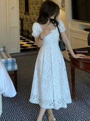 Lunivop Summer White Midi Dress Hollow Out For Women Elegant Square Collar Puff Sleeve French Kawaii Vestidos Korean Chic Dresses Mujer