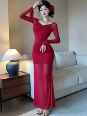 Lunivop Spring Summer Red Mesh Diamonds Polka Dot Dress Women Long Sleeve Elegant Luxury Dress Gown Korean Vintage Bodycon Vestidos