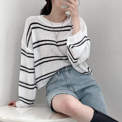 Lunivop Pullover Women Striped Knit Sweater Comfy Lightweight Long Sleeve Crew Neck Jumper Female Teen-girl Casual Daily Outfit