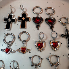 Lunivop Gothic Red Crystal Heart Irregular Cross Thorn Hoop Earrings For Women Men Unusual Punk Charm Jewelry Y2K Scene EMO Accessories