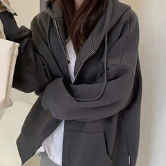 Lunivop Women Hoodies Autumn Retro Solid Color Zip Up Oversized Sweatshirts Harajuku Long Sleeve Hooded Jackets Coat DF4963