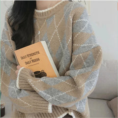 Lunivop Blue & Grey Argyle Sweater Women Crew Neck Long Sleeve Pullovers Jumper Shcoolgirl Fall Winter Preppy Style Outfit