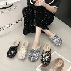 Lunivop Fashion Shiny Cotton Slippers Women Autumn Winter New Warm Home Bright Diamond Slippers Fashion Outer Wear Women's Flat Shoes