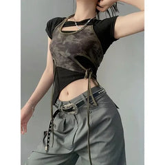Lunivop Vintage Camouflage Printed Mesh Halter Camisole Women+ Summer New Slim Fit Irregular Black T-shirts Y2k Grunge Two Piece Sets