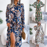 Lunivop Spring and Summer New Women's Clothing Large Split-ended Dress, Retro Style Printed Flower Lapel Tie-up Shirt Long Dress