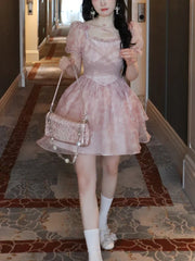 Lunivop Summer Pink Kawaii Lolita Dress Women Mini Puff Sleeve Beach Casual Elegant Fairy Dress Print Korea Cute Party Dress Female