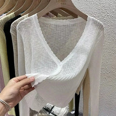 Lunivop Lightweight Sunscreen Shirt Women Crop Tops One Button Hollow Out Knit White Long Sleeve Cardigan Elegant Casual Shawl Coat