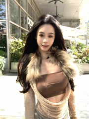 Lunivop Fashion Sexy V-neck Lace Blusas Mujer 2025 Summer New Fur Collar T-shirt for Women Y2k Grunge Slim Fit Long Sleeve Tops