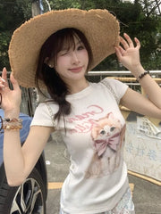 Lunivop Sweet T Shirts Women Cartoon Cat Printed Short Sleeve Summer Fashion Sexy Stretch Slim Y2k Tops Female Casual Tshirt