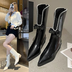 Lunivop Autumn Women Designer Bowknot Front Opening Mid-calf Boots Fashion Pointed Toe Ladies Short Boot Square Low Heel Casual Boots