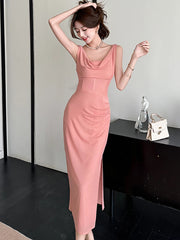 Lunivop New Pink Mesh Swinging Collar Sexy Sling Long Dress Summer Pleated Bodycon Prom Clothes Women Korean Elegant Evening Dress