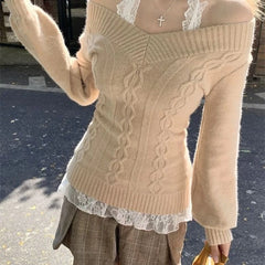 Lunivop Korean Style Grey Sexy Sweater Women Sweet Off Shoulder V-neck Knitted Pullover Slim Up Fashion Long Sleeve Sweaters