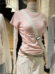 Lunivop Sweet Pink Striped Slim T-shirt Women Spring Round Neck Cotton Short Sleeve Tee Shirts Female Cute Preppy Style Y2K T shirts New