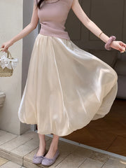 Lunivop Elegant Stain White Long Skirt Women High Waist Fashion Korean Sweet Skirts Casual Design Summer Gown Ball Long Skirts New