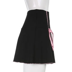 Lunivop American Fashion Y2k Casual High Waist Pleated Skirts Front Constrast Color Bow Appliques Mini Girl Jupe Harajuku Street Skirt