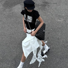 Lunivop Deeptown Korean Style Irregular Skirt Women Vintage Elegant White Ruffle Skirt Lace Patchwork Summer Layered Midi Skirts Street