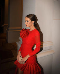 Lunivop Red High Low Prom Evening Dresses Women Long Sleeve Formal Cocktail Dress Sweep Train Sapanish Night Party Gown Custom Made