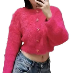 Lunivop Flower Button Fuzzy Knit Sweater Cardigan Warm Fluffy Button-up Crop Sweater Jacket Knitwear Teen-girl Fall Winter Cute Outfit
