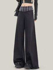 Lunivop Plaid Patchwork Suit Pant Women Vintage Casual Korean High Waist Trouser Autumn Retro Loose Elegant Black Wide Leg Pant New