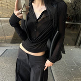 Lunivop Y2k Vintage Black T Shirt Women See Through Mesh Tops Streetwear Fake Two Pieces Tops Fairycore Retro Grunge Tee Tops