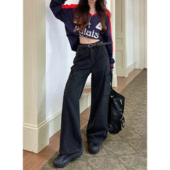 Lunivop Women Vintage High Waist Loose Pockets Jeans Streetwear Trashy Style Pants 2024 Autumn Y2K Wide Leg Black Baggy Denim Trouser
