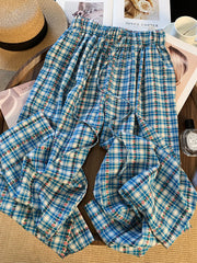 Lunivop Floral Sweet Plaid Pant Women Vintage Loose High Waist Casual Straight Trousers Summer Retro Korean Female Wide Leg Pants