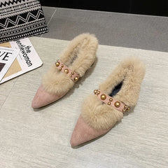 Lunivop Elegant Fur Low Heels Slippers Pointed Toe Women Suede Mules Shoes Winter Fashion Rivet Cotton Shoes New Cozy Plush Pumps
