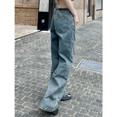 Lunivop High Street Hollow Mesh Patchwork Casual Jeans Women Summer New High Waist Distressed Washed Denim Wide Leg Pants